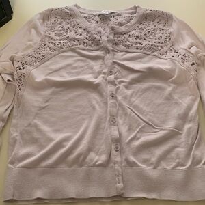 Cabi cardigan ; euc; lavender L; crochet yoke and back